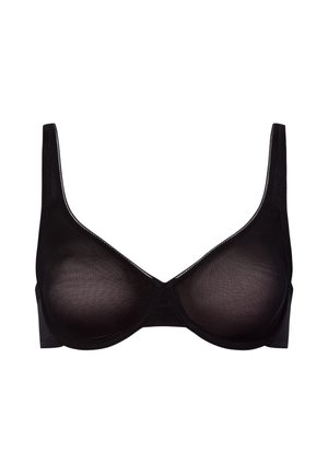 Soutien-gorge noir sans couture avec armatures, en tissu en maille, larges bretelles et une finition lisse. Dispose d'un design classique et d'une fermeture au dos réglable.