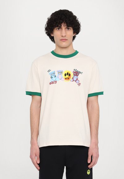 Cream t-shirt with green ribbed collar and cuffs; features colorful graphic of cartoon bears and a smiley face with text "oh!y slam!"
