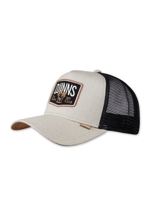 Light beige mesh-back cap featuring a black patch with "DUNNS" and lion graphic, brown stitching, and a curved brim with a tan accent.