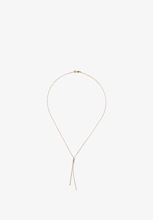 Jemný náhrdelník z ružového zlata so sponou na posúvanie a dvoma visiaci koncami na bielom pozadí.
