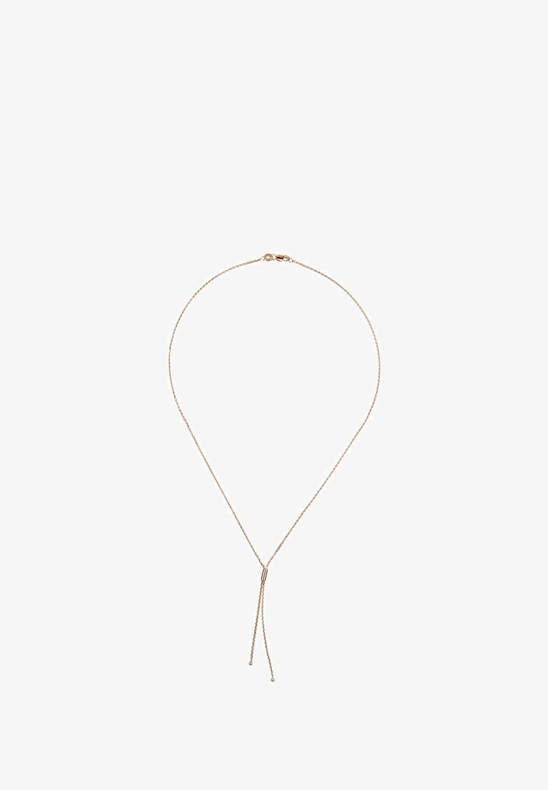 Õrn roosakuldne kett-kaelakee reguleeritava libistuskinnitusega ja kahe rippuva otsaga valgel taustal.