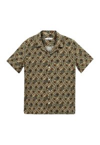 Kortærmet skjorte med knapper, der har et retro bølge-mønster i jordfarverne grøn, brun og creme; lavet af letvægtsstof.