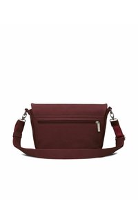 Borsa a tracolla marrone scuro realizzata in tessuto resistente, dotata di tasca frontale con zip, tracolla regolabile e design piatto con una superficie liscia.