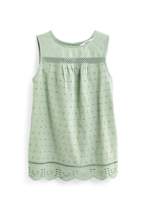 Ærmeløs lysegrøn pigetop med broderede blomster- og stjerne-mønstre, blonderkant ved kant og skulderstykke samt bølget kant.