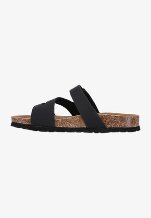 Zwarte slipper-sandalen met twee gekruiste bandjes, kurken voetbed en een texturele rubberen zool. Eenvoudig ontwerp, geschikt voor casual draag.