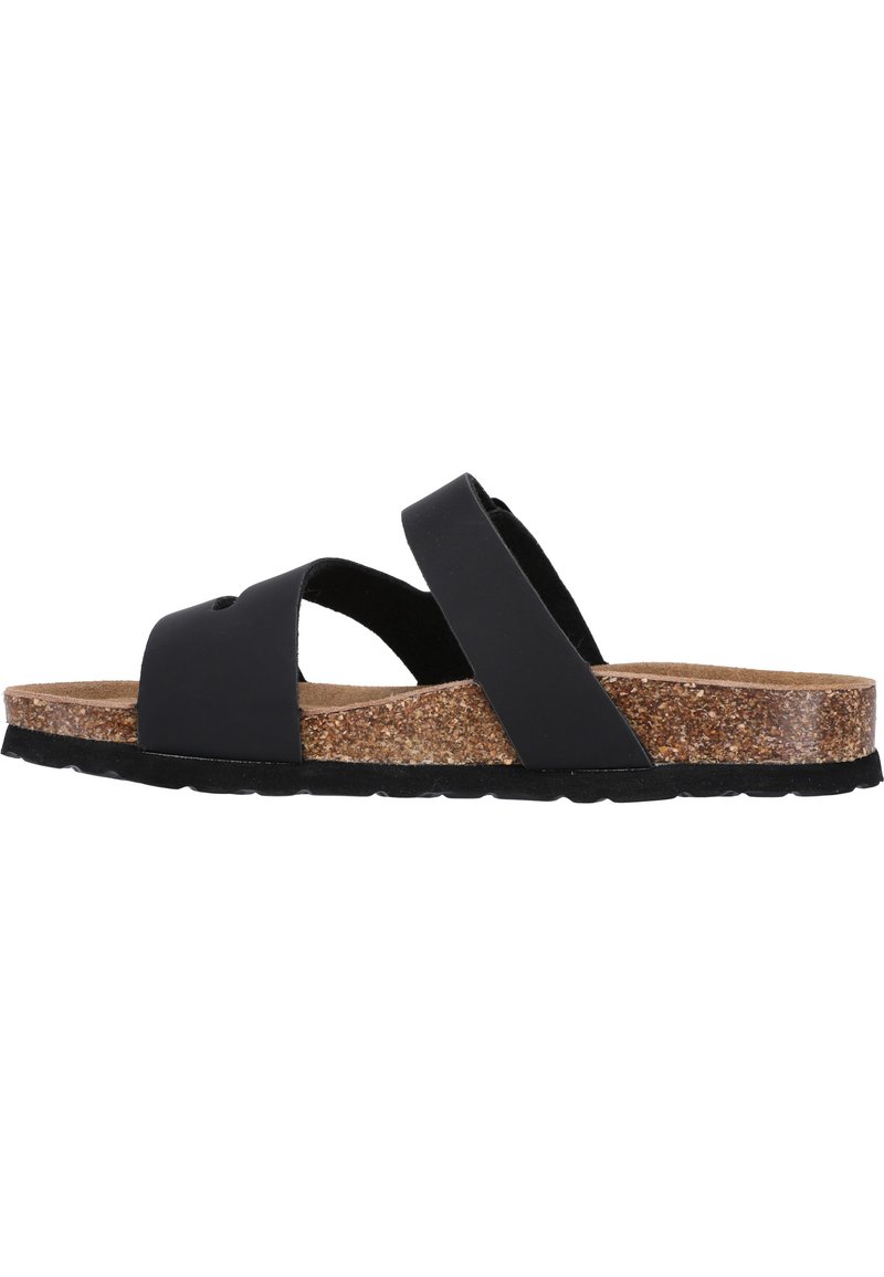 Sandales noires à glissière avec deux brides croisées, semelle en liège et semelle en caoutchouc texturé. Design simple, adapté à une tenue décontractée.