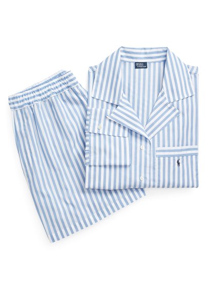 Blue and white striped pajama set featuring a button-up shirt with a pocket and elastic waistband shorts, made of lightweight fabric.