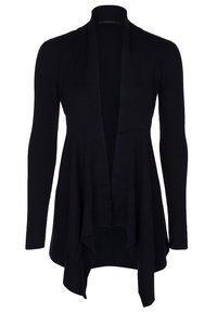 Cardigan noir à manches longues, ouvert à l’avant, avec un ourlet drapé et asymétrique, et une texture en maille côtelée.