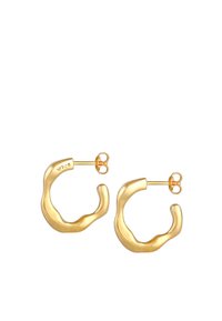 Orecchini color oro con una forma astratta e ondulata. Realizzati in metallo, presentano una finitura liscia e una chiusura posteriore sicura. Contrassegnati con "925."