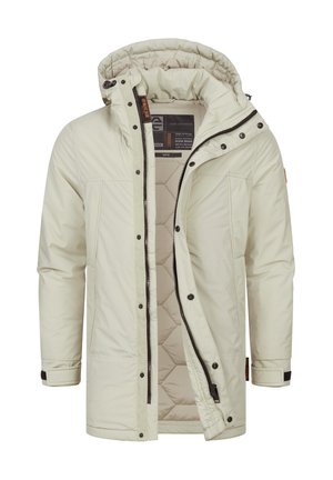 Hellebeige Steppjacke mit einem gesteppten Innenfutter, verstecktem Reißverschluss und Druckknöpfen. Verfügt über eine Kapuze und zwei Fronttaschen.