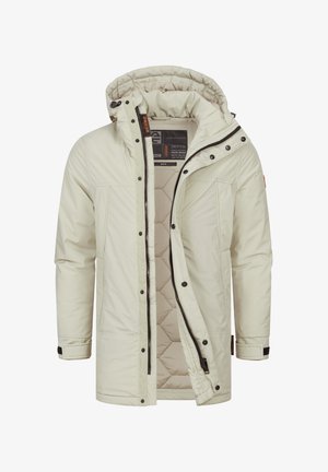 Chaqueta acolchada de color beige claro con interior acolchado, cremallera oculta y botones a presión. Cuenta con capucha y dos bolsillos frontales.