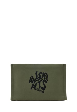 Fascia in tessuto intrecciato verde oliva con un logo nero prominente che recita "ALLSAINTS LONDON". Forma rettangolare con bordi puliti.