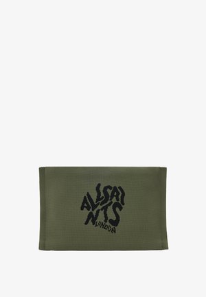 Oliivinvihreä kudottu kangaspanta, jossa on näkyvä musta logo, joka lukee "ALLSAINTS LONDON". Suorakulmainen muoto, jossa on siistit reunat.