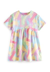 Lyhythihainen mekko pehmeästä puuvillasta, jossa on vaalea abstrakti kuosi vaaleanpunaisena, keltaisena, vihreänä ja sinisenä; rento malli ja kerrostettu vyötärö.