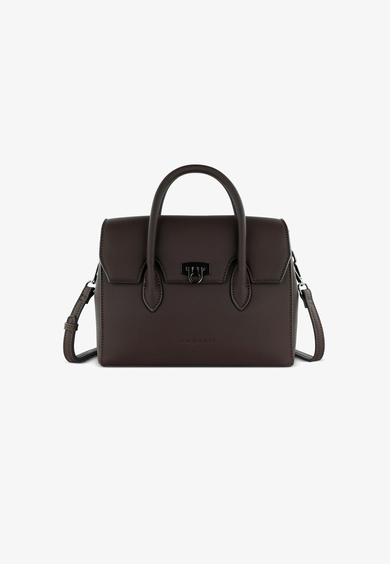 Borsa a mano in pelle marrone con design strutturato, dotata di manico superiore e tracolla staccabile. Chiusura e dettagli di cucitura distintivi.
