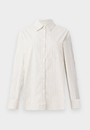 Long-sleeve button-up shirt in cream with thin vertical brown stripes, featuring a classic collar and a single chest pocket.