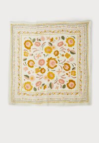Floral square scarf featuring a white background with pink, yellow, and green flowers, bordered by intricate yellow and white detailing. Soft texture.