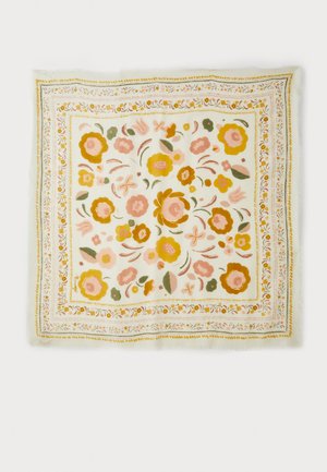 Floral square scarf featuring a white background with pink, yellow, and green flowers, bordered by intricate yellow and white detailing. Soft texture.