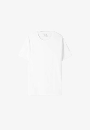 Weißes Baumwoll-T-Shirt mit kurzen Ärmeln, Rundhalsausschnitt und lockerer Passform. Glatte Textur, keine Muster oder Grafiken, minimale Markenkennzeichnung am Etikett.