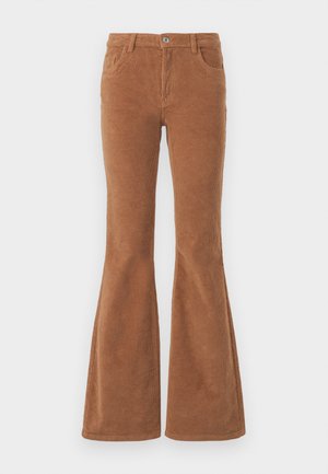 Brune corduroy bukser med udvidede ben, forlommer, en knaplukning og en ribbet struktur, der har en tætsiddende talje og bred ben-design.