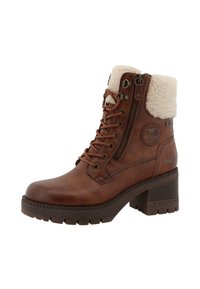 Stivale alla caviglia in pelle marrone con colletto in pelliccia sintetica, allacciatura frontale e cerniera laterale. Tacco largo e suola in gomma testurizzata. Logo del marchio visibile.