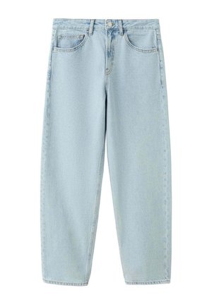 Jean bleu clair taille haute à jambes droites, avec poches avant, passants pour ceinture et fermeture par boutons.