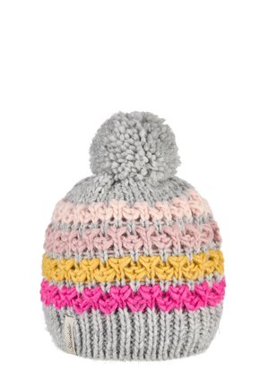 Gray knit beanie with pom-pom, featuring textured horizontal stripes in pink, yellow, and magenta, and a small fabric tag on the brim.