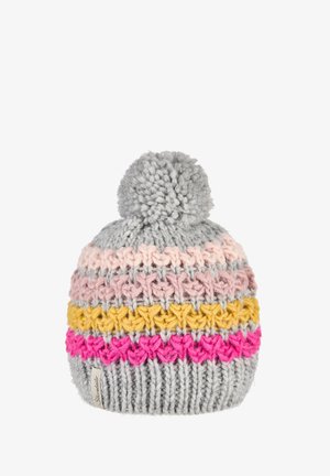 Gray knit beanie with pom-pom, featuring textured horizontal stripes in pink, yellow, and magenta, and a small fabric tag on the brim.
