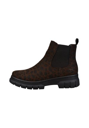 Dunkelbrauner Knöchelstiefel mit schwarzem Leopardenmuster, elastischem Seitenteil, Zuglasche und dicker schwarzer profillierter Sohle.