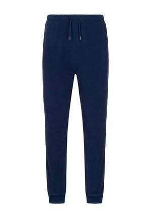 Pantaloni della tuta blu navy realizzati in tessuto morbido, dotati di una vita elastica con coulisse e polsini a coste alle caviglie.