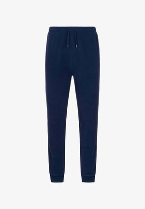 Pantaloni della tuta blu navy realizzati in tessuto morbido, dotati di una vita elastica con coulisse e polsini a coste alle caviglie.