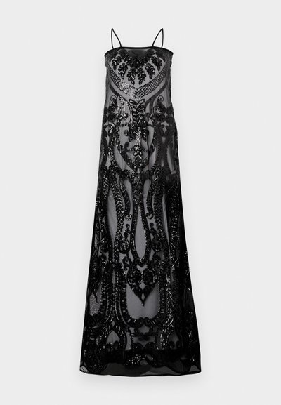 Pikk must õhtukleit keeruka läbipaistva kangaga ning litrite ja lilleliste ning geomeetriliste mustritega, õhukeste õlapaeltega.