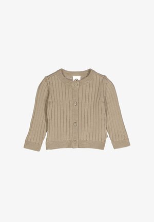 Beige ribbed knit cardigan with long sleeves, round neckline, and six buttons down the front. Features a textured fabric and fitted cuffs.