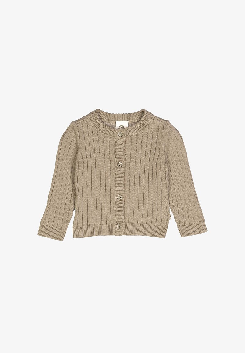 Béžový žebrovaný pletený cardigan s dlouhými rukávy, kulatým výstřihem a šesti knoflíky vpředu. Disponuje texturovanou tkaninou a přiléhavými manžetami.