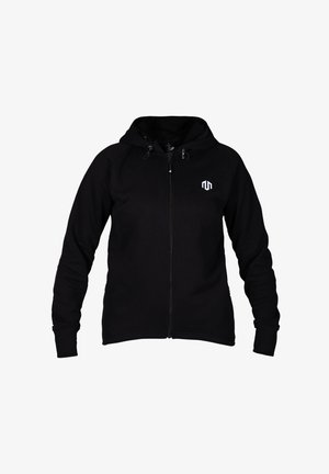 Čierna mikina na zips s kapucňou, vyrobená z mäkkej látky. Obsahuje biele logo na ľavej hrudi a elastické manžety. Hladký povrch.