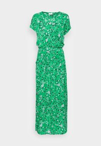 Vihreä maksimekko, jossa on lyhyet hihat, V-pääntie, joustava vyötärö ja valko-mustat kukkakuviot yksinkertaisella taustalla.