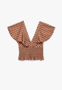 Brun mønstret bluse med dyb V-hals, flagrende ærmer og smocket talje. Materialet er et let stof med blomsterdesign.