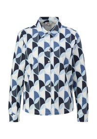 Langärmliges Hemd mit Knöpfen, das ein geometrisches Muster in Blau- und Weißtönen zeigt und aus einem glatten, leichten Stoff besteht.