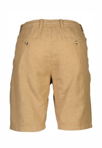 Khaki shorts tillverkade av strukturerad tyg med elastisk midja, med två bakfickor med knäppningar.