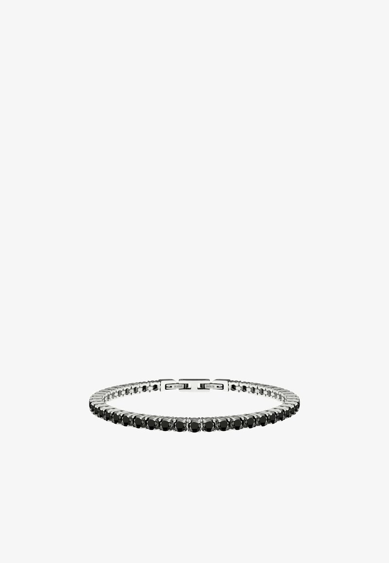 Bracciale in argento con un motivo alternato di pietre nere, caratterizzato da una finitura in metallo liscia e lucida e un design della chiusura sicuro.