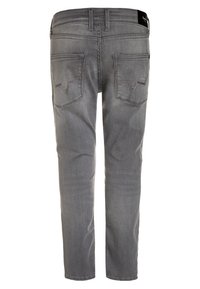Šedé denimové džíny se rovný střih, obsahující dvě zadní kapsy a kontrastní švy. Pas má označení značky.