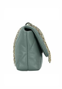 Borsa in pelle verde con design trapuntato, caratterizzata da una tracolla in catena dorata e una forma strutturata, che mette in mostra una texture liscia e dettagli minimi.