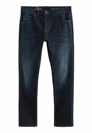 Lieknos tamsiai mėlynos džinsinės kelnės su šiek tiek nudėvėtu paviršiumi, penkiomis kišenėmis ir kontrastinėmis siūlėmis. Sutvirtintos siūlės.