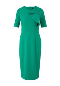 Robe verte longueur genoux avec manches courtes et un détail volant asymétrique sur l'épaule droite, taille cintrée et encolure ronde.