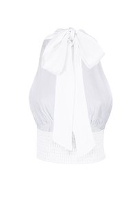 Witte haltertop van lichtgewicht stof, met een striksluiting op de rug en een gerimpelde tailleband voor een verstelbare pasvorm.