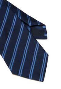 Cravate bleu marine avec des rayures diagonales en bleu clair. Fabriquée en tissu texturé, elle présente une extrémité pointue et un revers lisse.