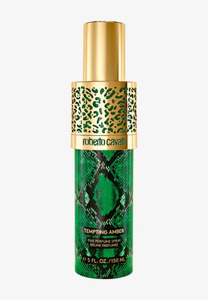 Flacon de parfum vert à imprimé serpent avec capuchon doré, bande imprimée léopard dorée et étiquette "roberto cavalli", nommé "Tempting Amber" spray de 150 ml.