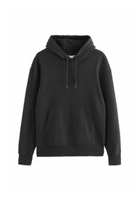 Haut à capuche noir à manches longues avec poche kangourou à l'avant et cordon de serrage, présenté sur fond blanc.