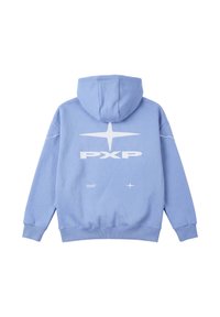 Sweat à capuche bleu clair avec texte blanc "PXP", graphique étoile au dos, poignets et ourlet côtelés, et petit texte "Project X Paris" en dessous.