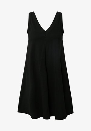 Schwarzes ärmelloses Kleid mit V-Ausschnitt, ausgestellter A-Linie, aus weichem Stoff gefertigt, mit sauberer Naht und ohne zusätzliche Verzierungen.